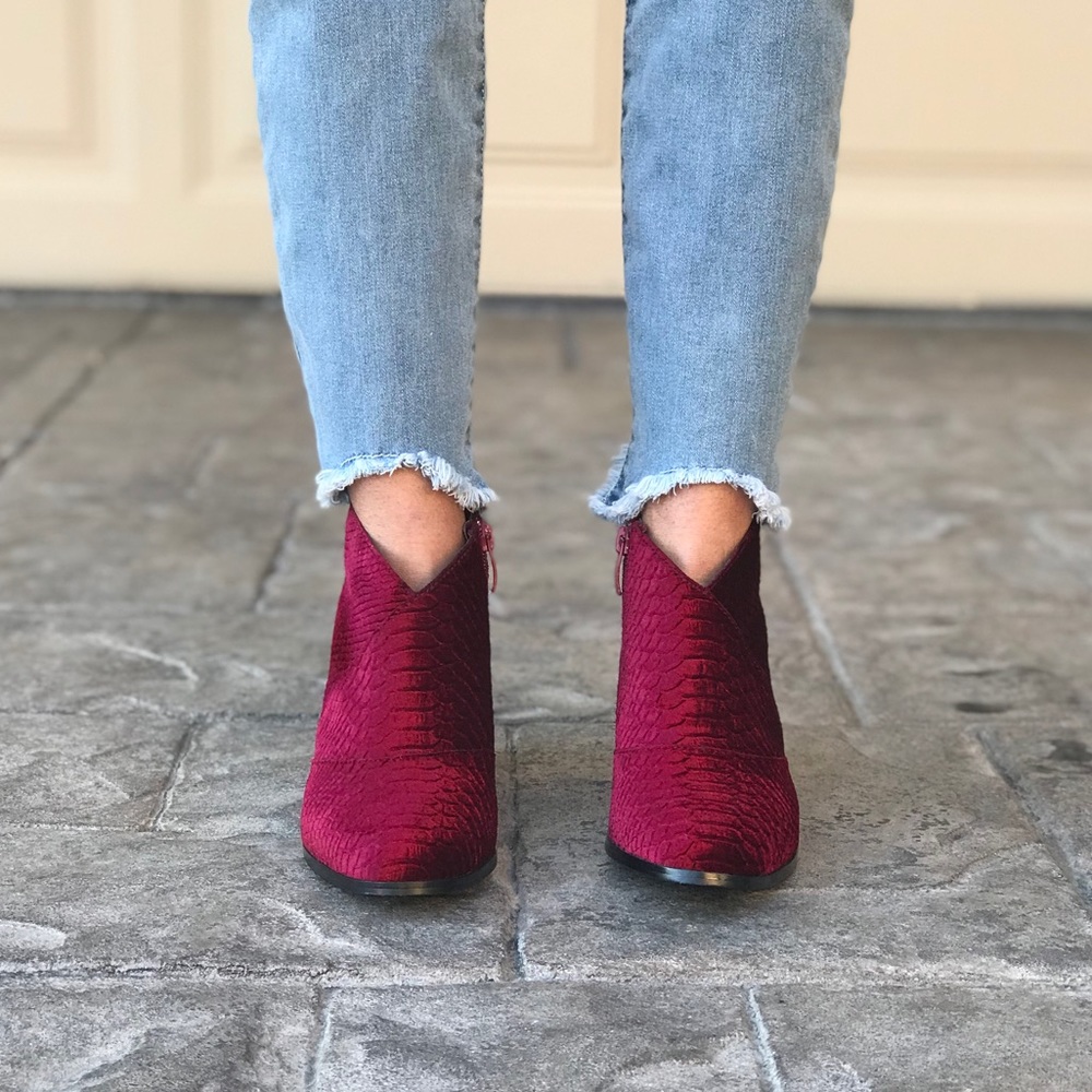 Burgundy Textural Velvet V Top Booties